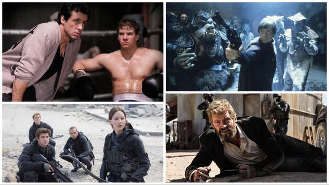 Clockwise from top left: Rocky V (Warner Bros.), Star Wars: Episode VI–Return of the Jedi (Disney), Logan (20th Century Fox), The Hunger Games: Mockingjay–Part 2 (Lionsgate)