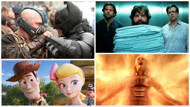 The Dark Knight Rises (Warner Bros.), The Hangover Part III (Warner Bros.), Dark Phoenix (Fox), Toy Story 4 (Disney)