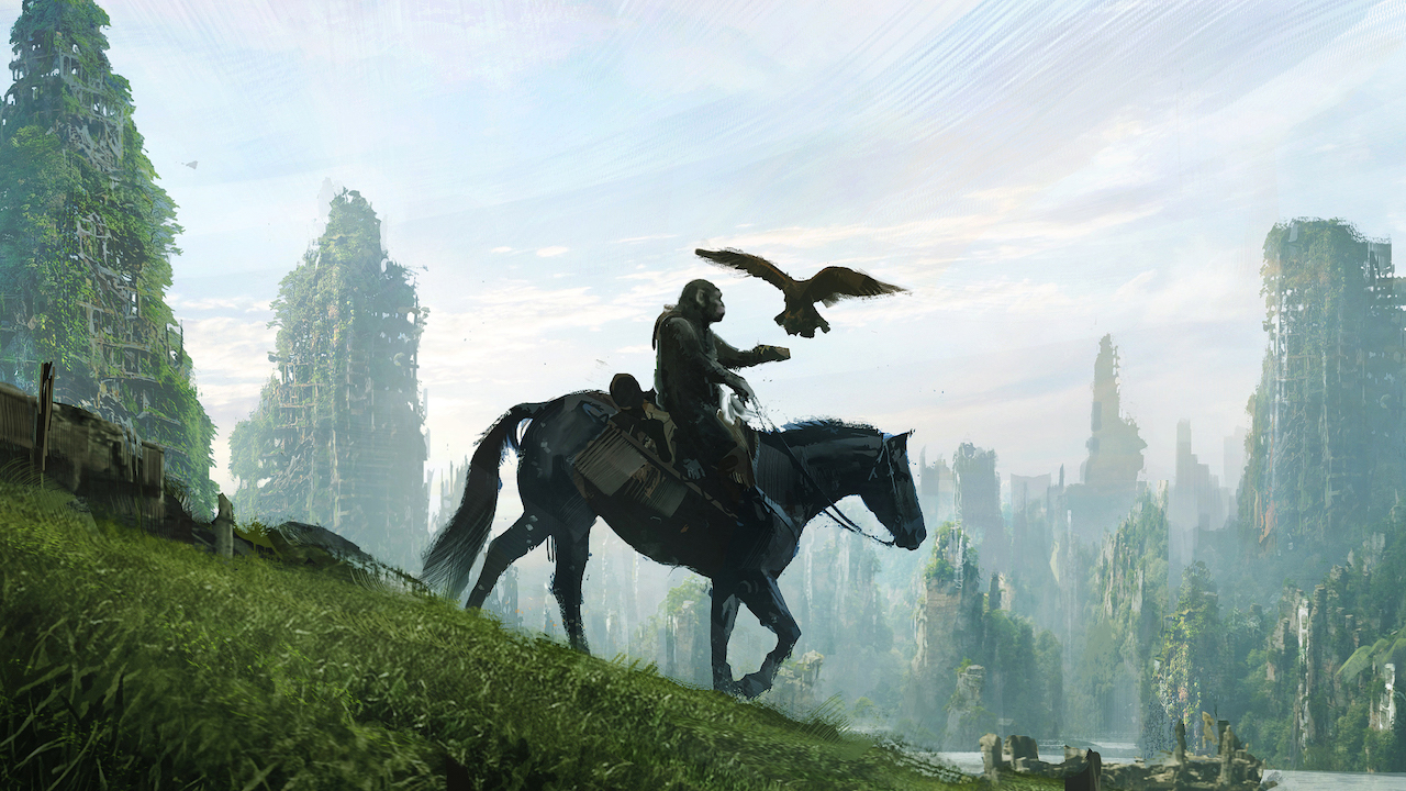 Kingdom of the Planet of the Apes concept art of ape riding horseback outside of city ruins