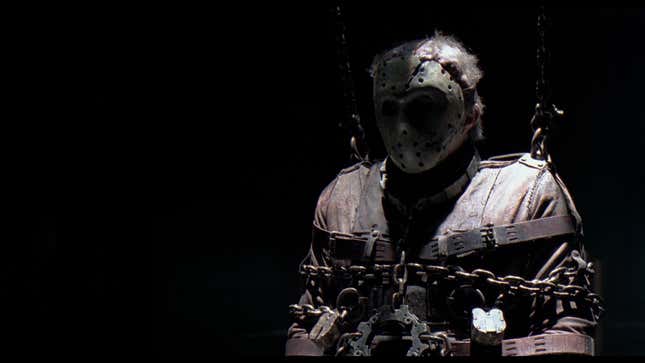 Jason Voorhees (Kane Hodder) gets chained up at a Crystal Lake research facility