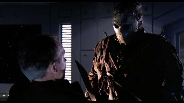 Jason Voorhees (Kane Hodder) and one of his future victims in Jason X