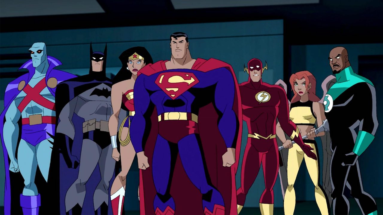 Batman, Superman, Wonder Woman, Flash, Green Lantern, Martian Manhunter und Hawkgirl in Justice League Unlimited