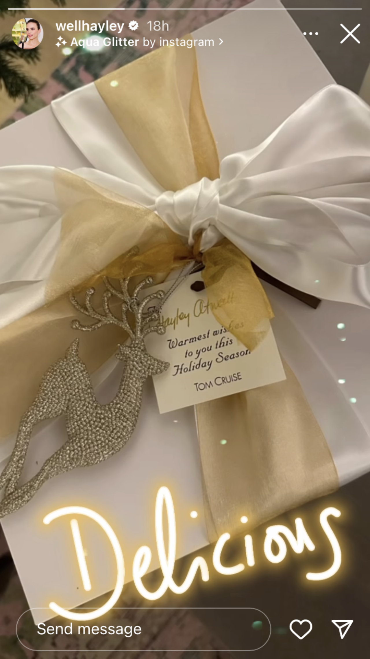 La story Instagram de Hayley Atwell montrant son gâteau de Noël de Tom Cruise emballé dans une boîte