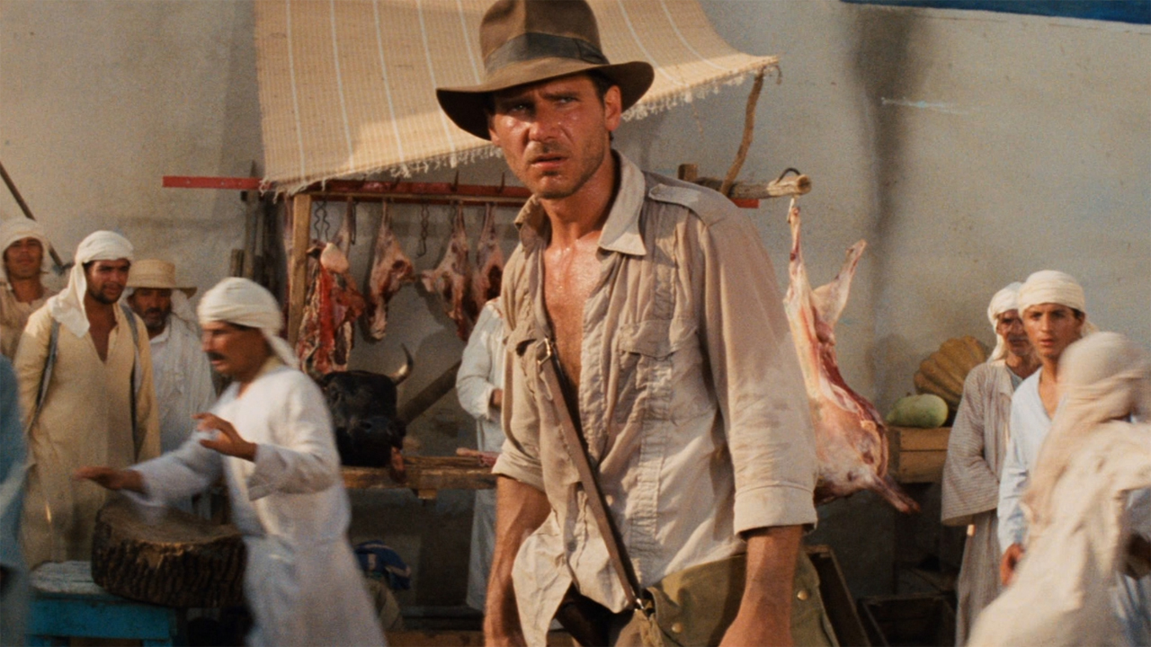 Harrison Ford dans le rôle d'Indiana Jones dans Les Aventuriers de l'arche perdue