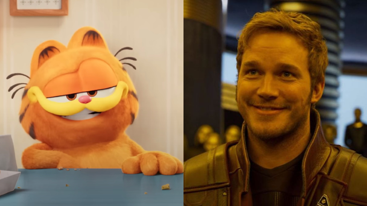 Garfield lächelt im Garfield-Film;  Chris Pratt in Guardians of the Galaxy