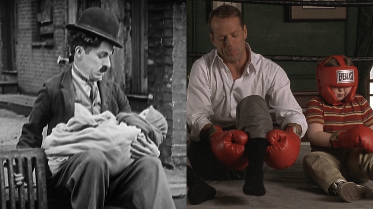 Charlie Chaplin in „The Kid“ und Bruce Willis und Spencer Breslin in „The Kid“.