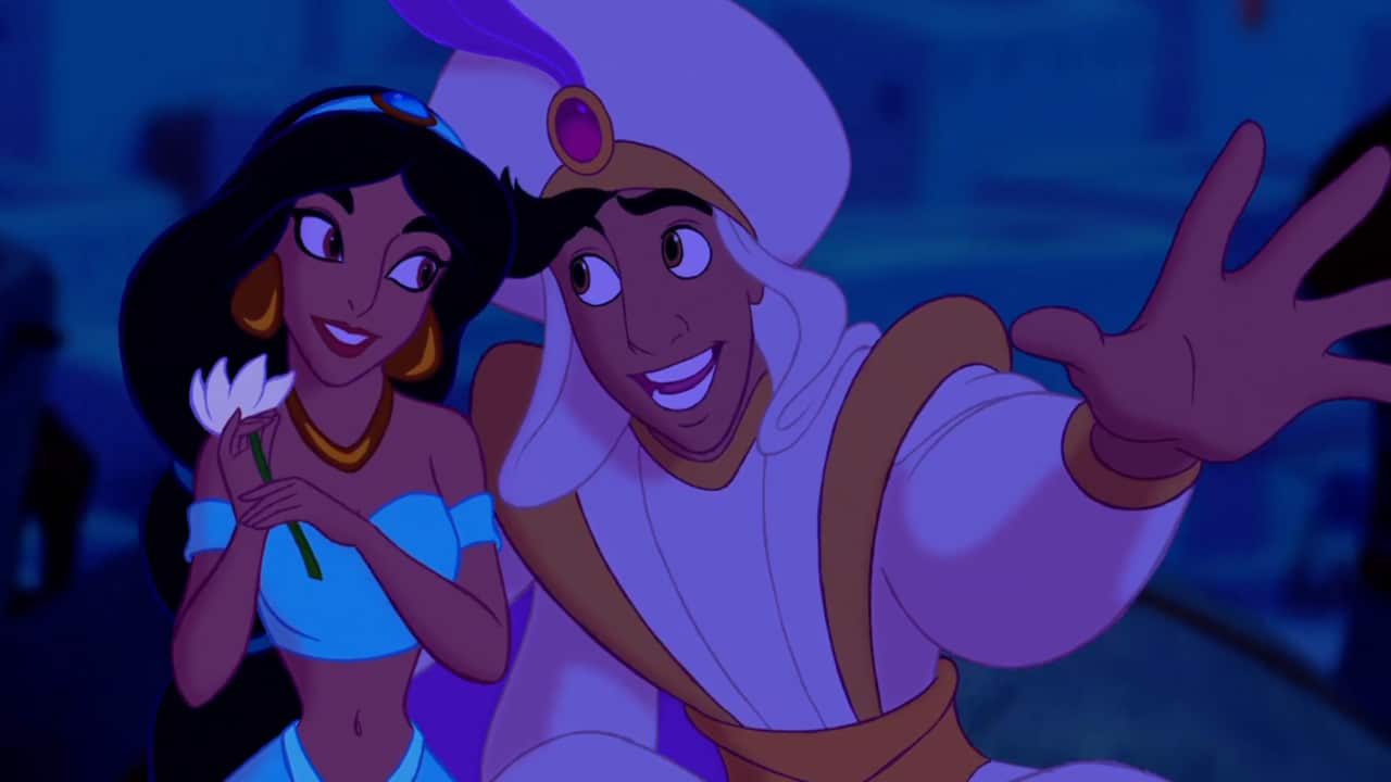 Aladdin et Jasmine volant sur un tapis magique